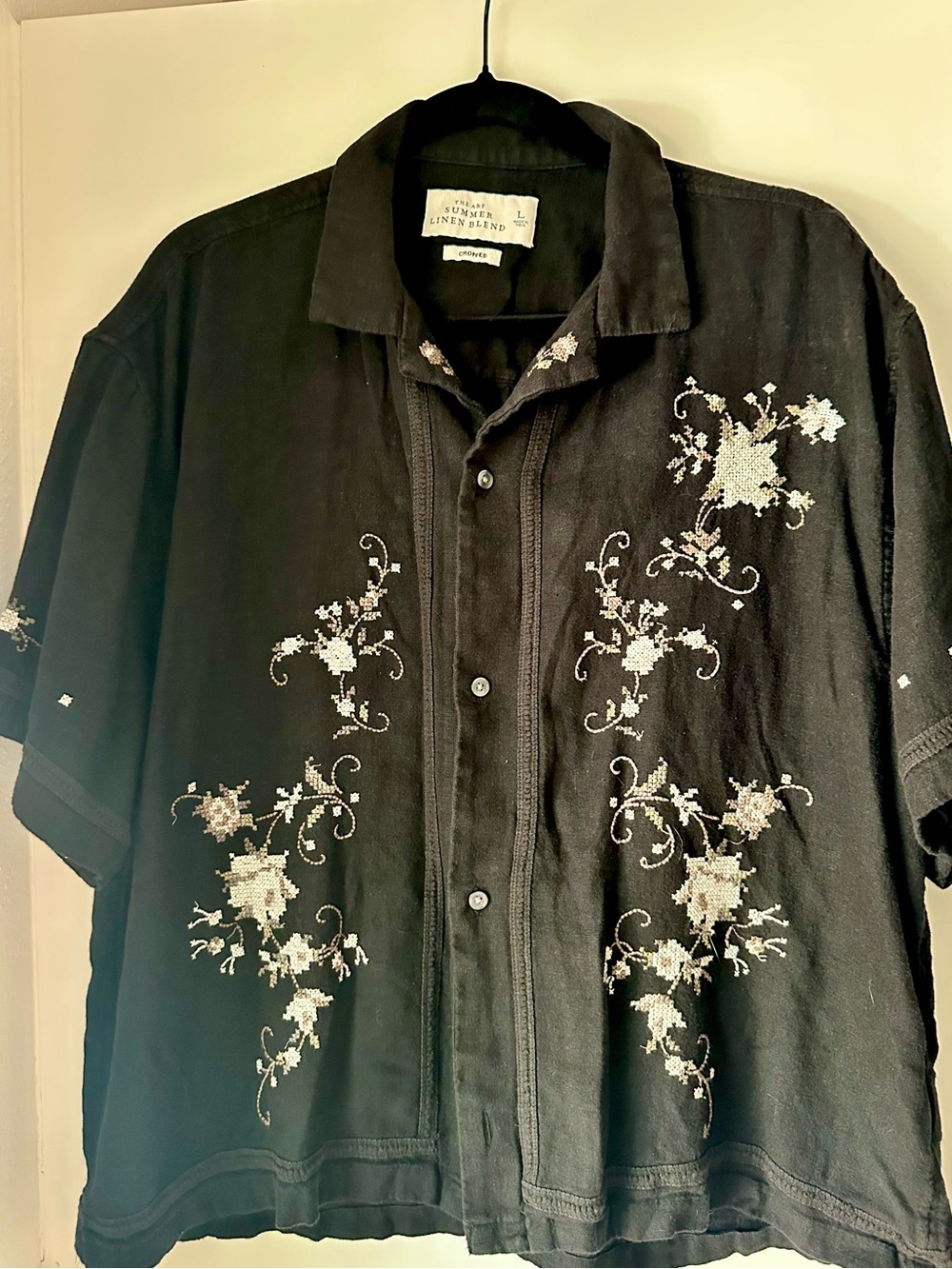 Black Embroidered Short-Sleeve Button-Down Shirt